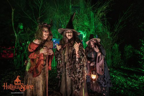 Three costumed witches stand in a dark, green-lit woodland scene at Hallowspire.